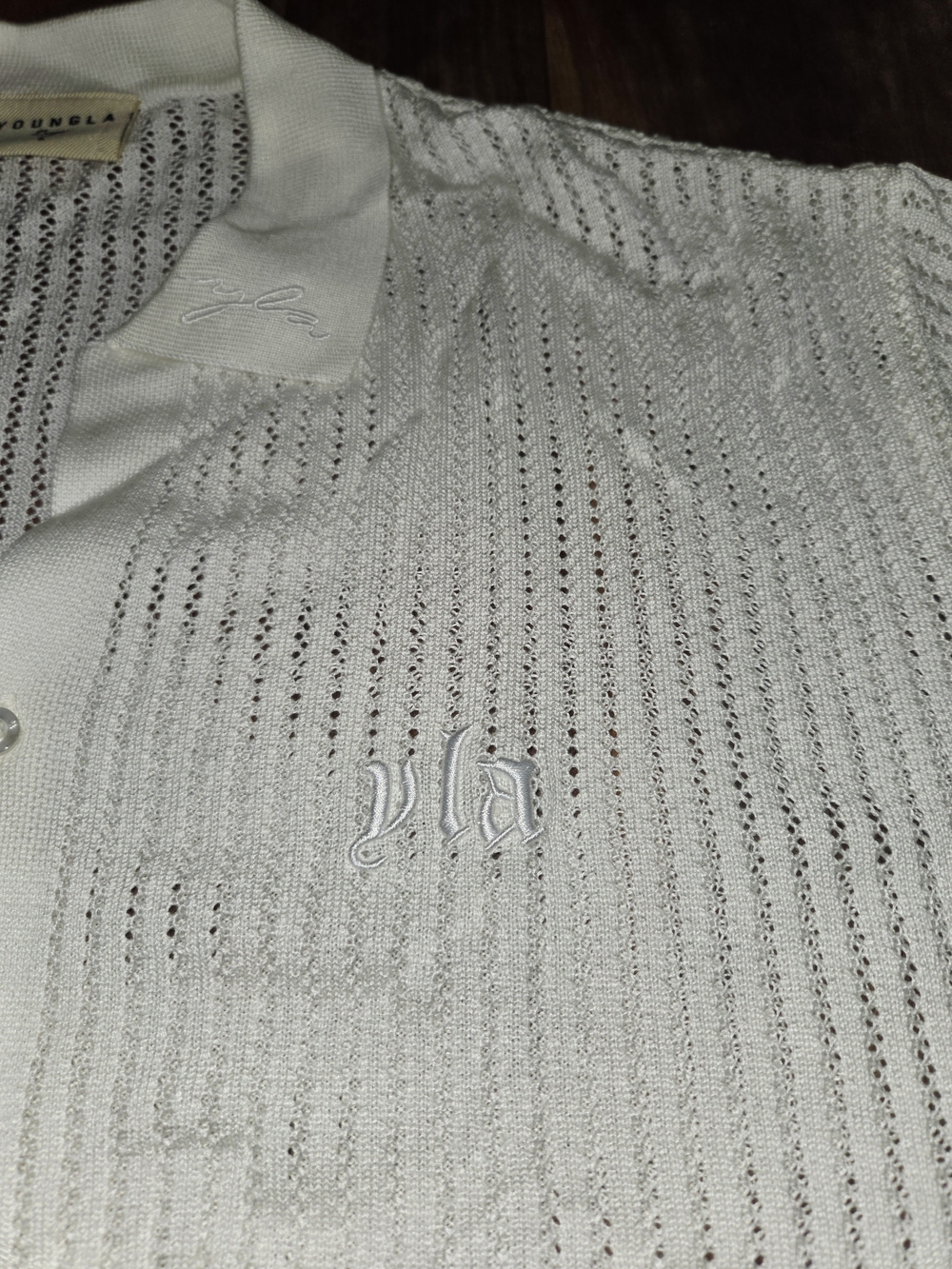 YoungLA White Open-Knit Short Sleeve Button-Down Shirt - Picture 3 of 6